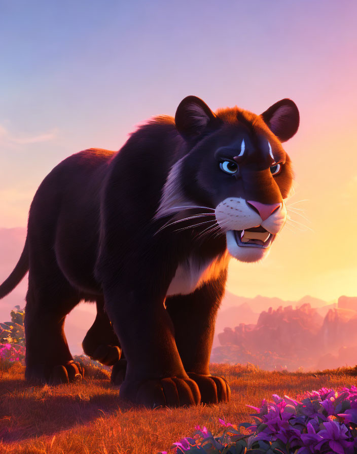 Solemn black panther in colorful sunrise or sunset landscape