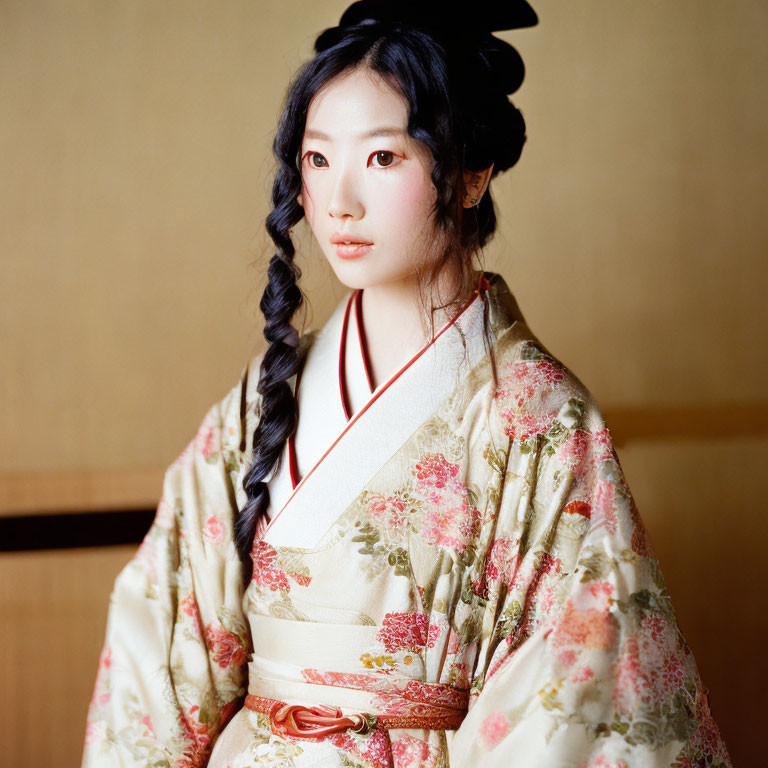 Traditional Kimono: Woman with Floral Pattern, Braided Hair