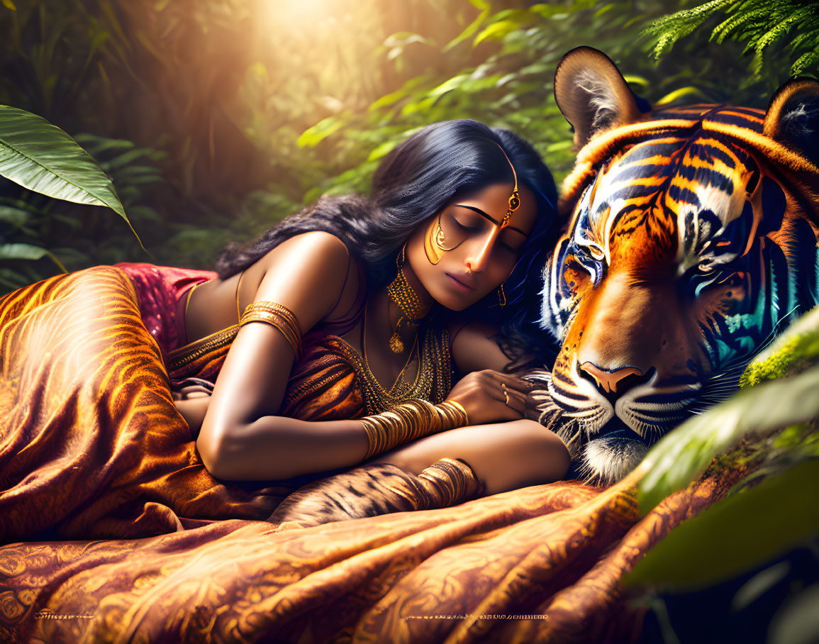 Traditional Indian Attire Woman with Tiger in Forest Scene