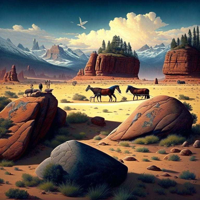 Desert landscape with horses, antelopes, rocks, mountains, and bird