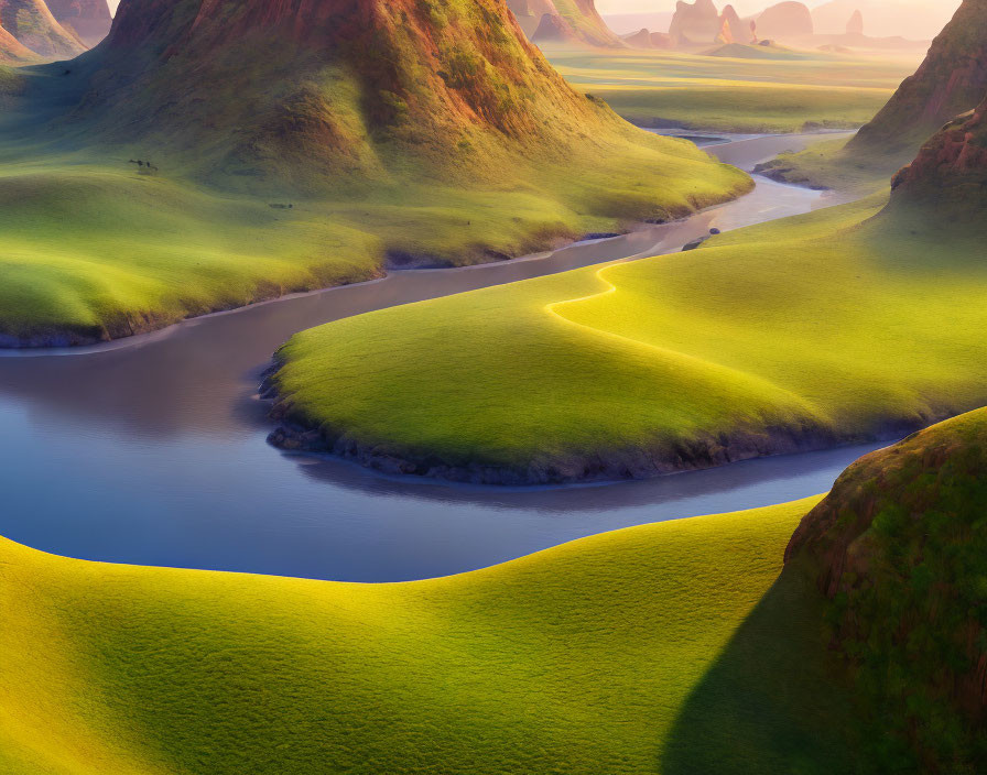 Tranquil landscape: Green hills, winding river, golden sunlight