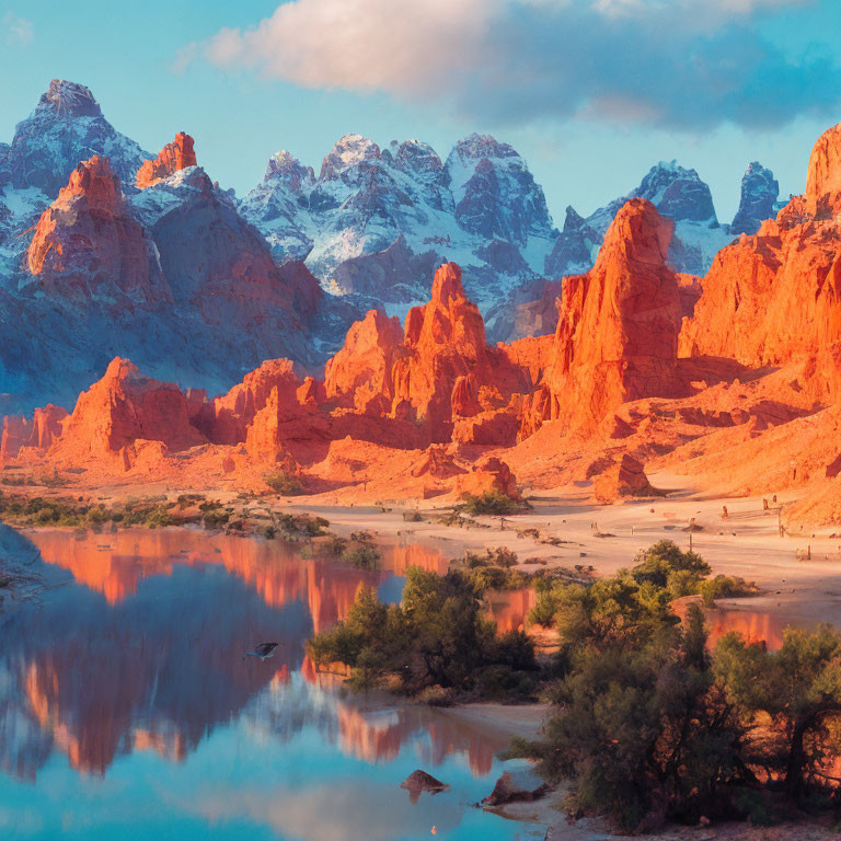 Scenic landscape: red rock formations, snowy mountains, tranquil river