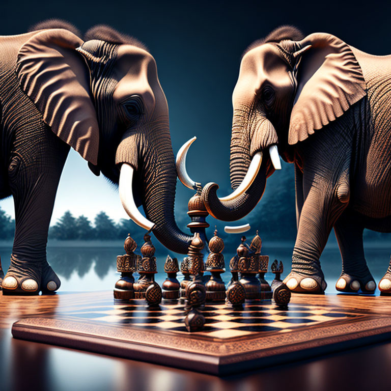 Carved elephants on chessboard against dark background