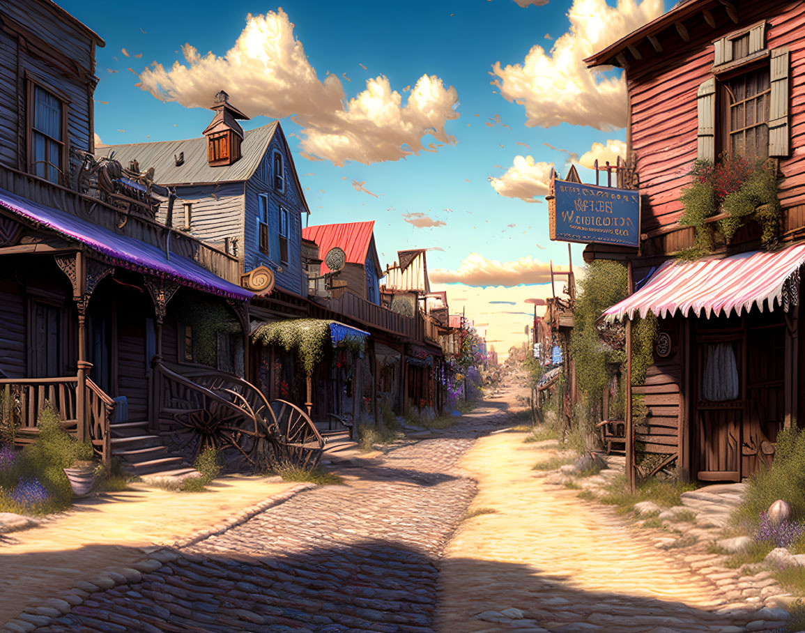 Old Western Town with Wooden Buildings and Wagon Wheel