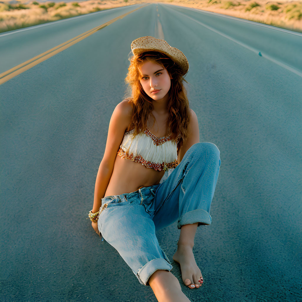 Young woman in straw hat, crop top, and jeans on empty road at twilight