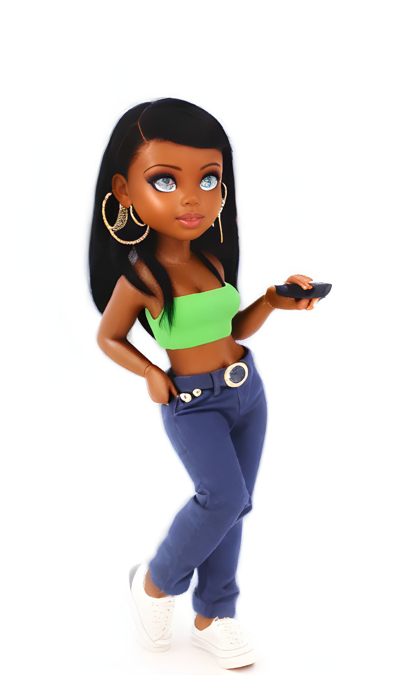 Black-haired Bratz doll in green crop top and blue jeans with phone