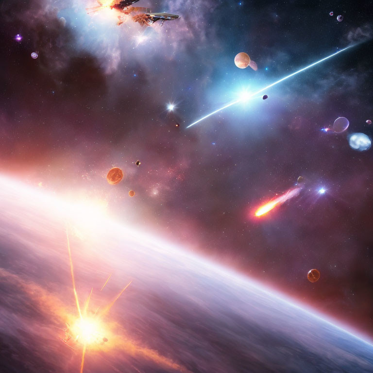 Colorful space scene with celestial bodies, explosion, nebulas, and spacecraft.