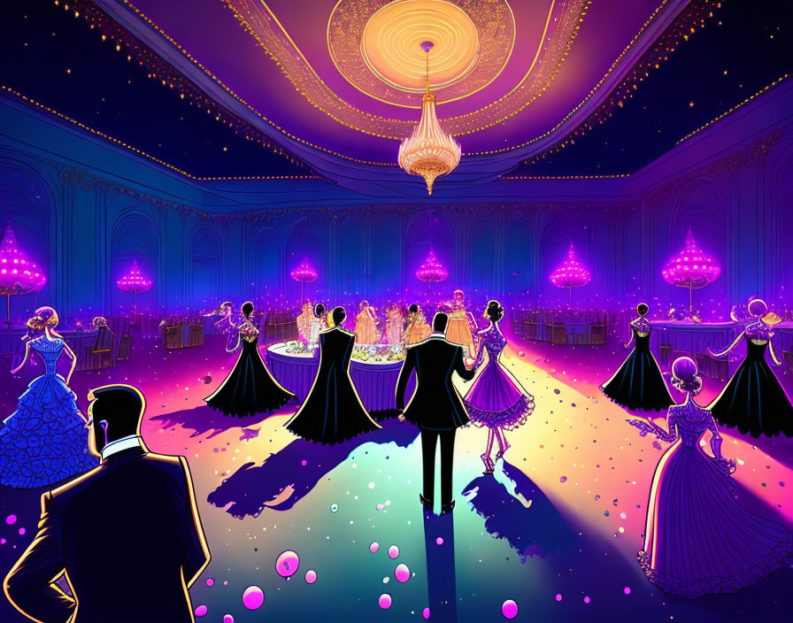 Opulent ballroom scene with elegantly dressed couples dancing under grand chandelier in vibrant purple and blue