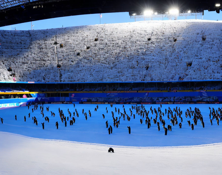 Performers in Dark Costumes Rehearsing on Blue-Lit Stadium Field