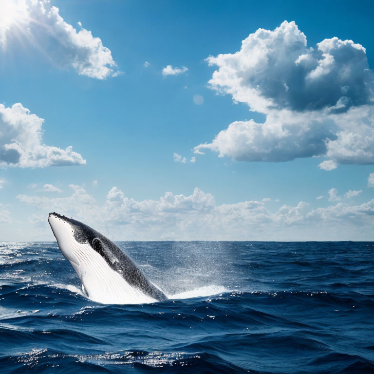 Humpback Whale Breaching Ocean Surface Under Sunny Sky