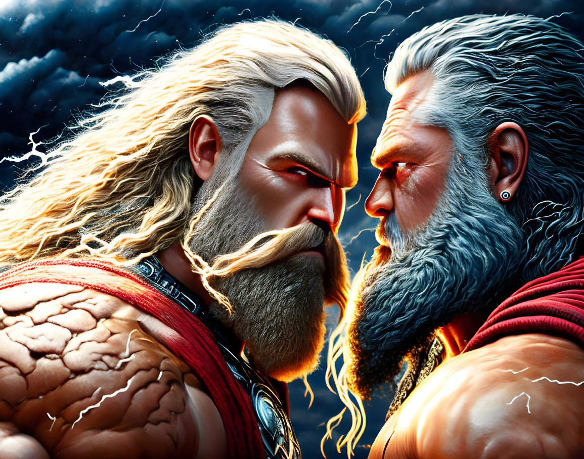 Muscular blond-bearded characters in Norse god style face off under stormy sky