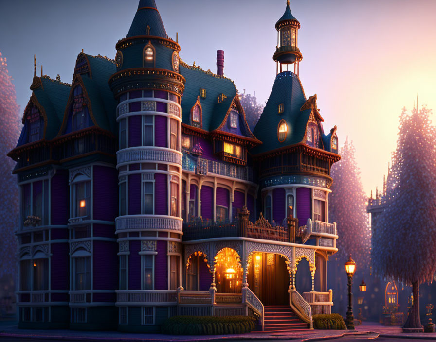 Victorian-style mansion with illuminated windows at twilight