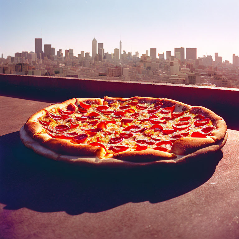 Large Pepperoni Pizza on Ledge with Sunlit Skyline