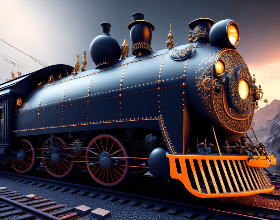 Vintage steam locomotive with golden embellishments against dramatic mountain backdrop.