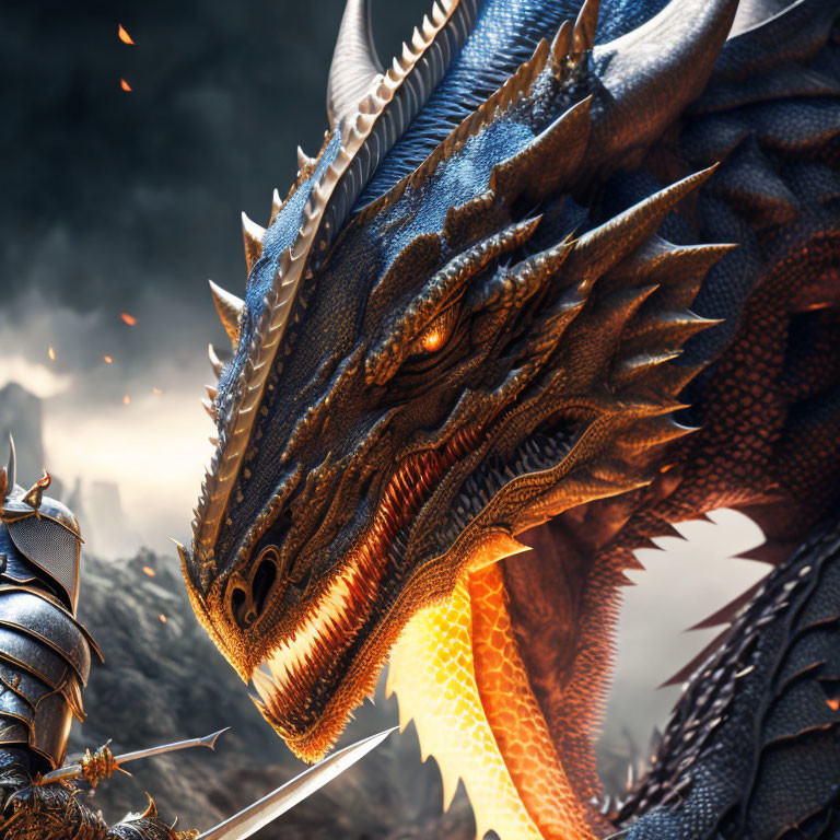 Blue-Scaled Dragon Confronts Knight in Fiery Landscape