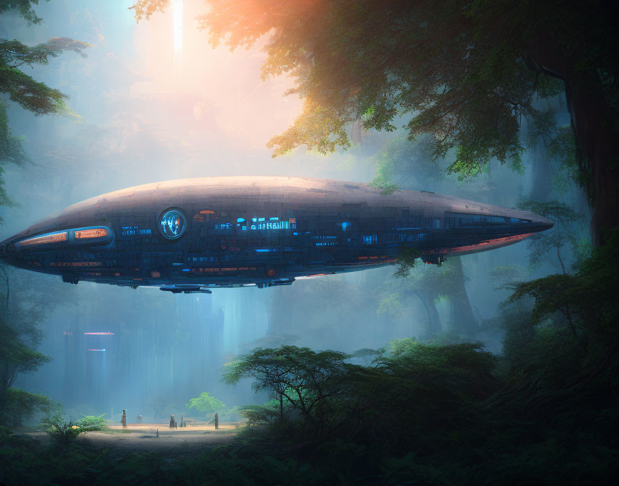 Futuristic spaceship in misty forest with sunlight beams and tiny figures