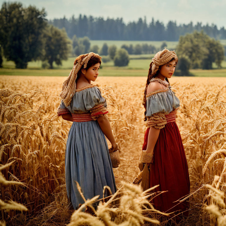 Two women in vintage peasant dresses and headscarves in golden wheat field