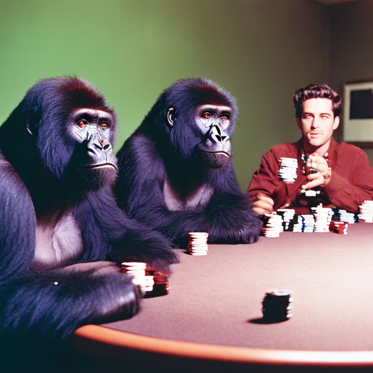 Gorillas and man playing poker in dimly lit room