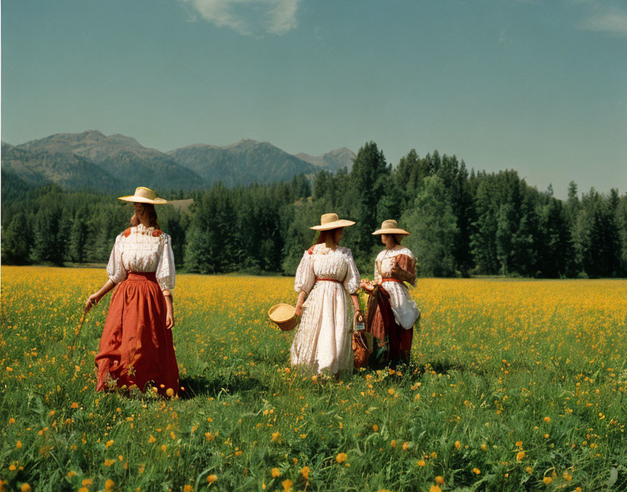 Vintage Dresses and Straw Hats in Yellow Flower Field