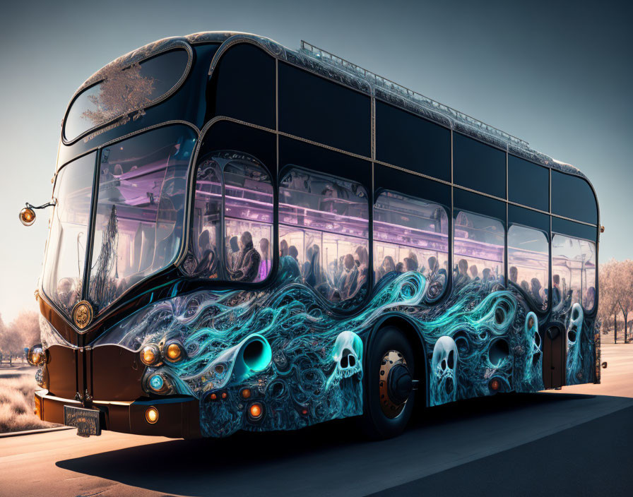 Double-decker bus with gothic skeletal paint job on road with bare trees at dusk