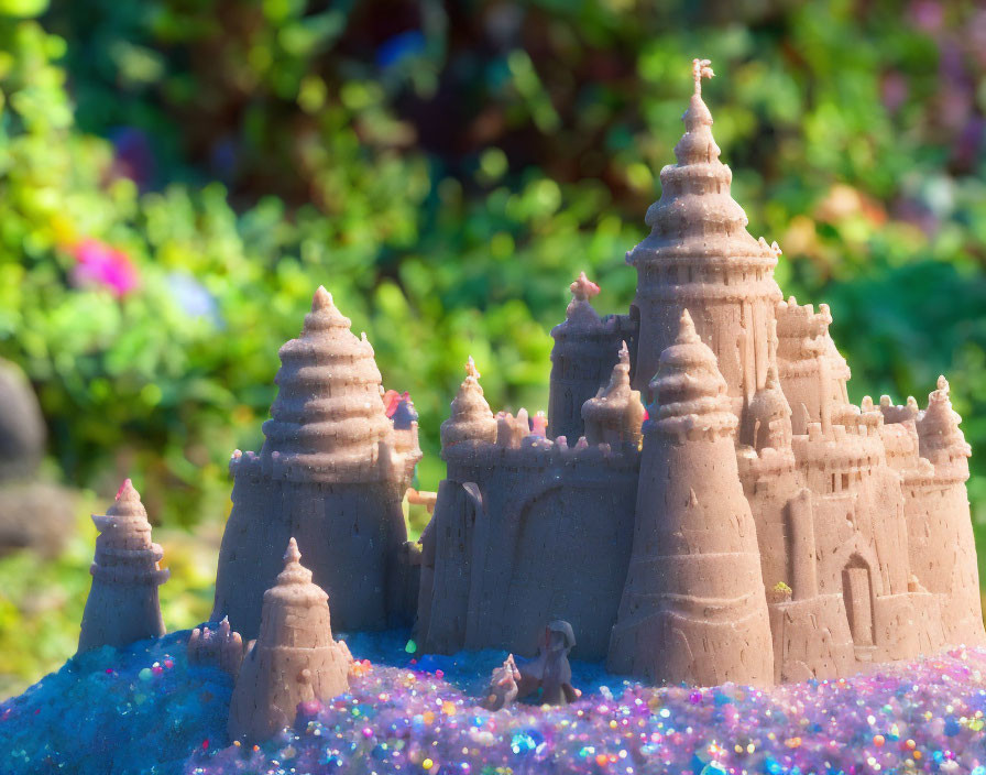 Detailed Sandcastle with Multiple Towers on Glitter Surface