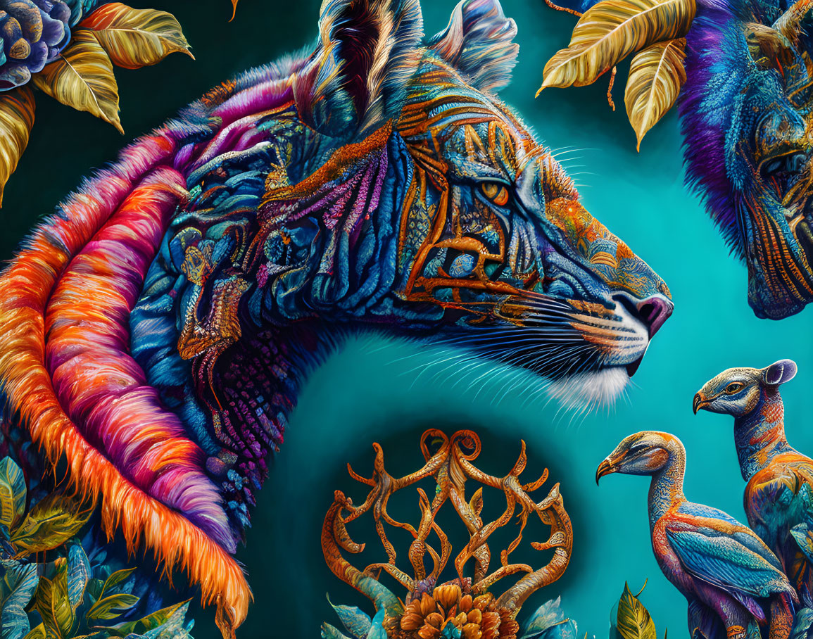 Colorful Stylized Tiger Art with Exotic Flora and Fauna