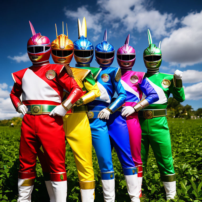 Colorful Power Rangers Costumes Posed Under Blue Sky