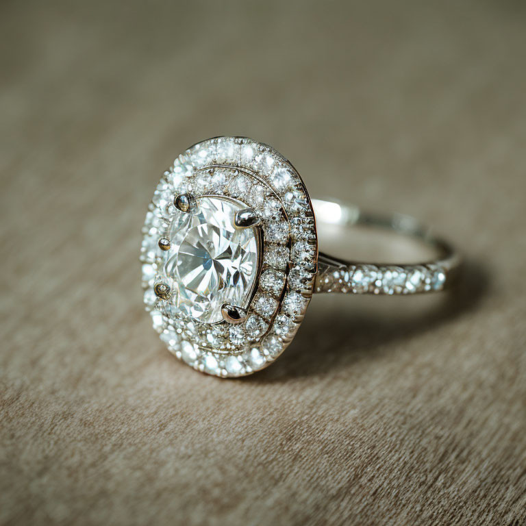 Elegant Diamond Ring with Central Stone and Surrounding Diamonds