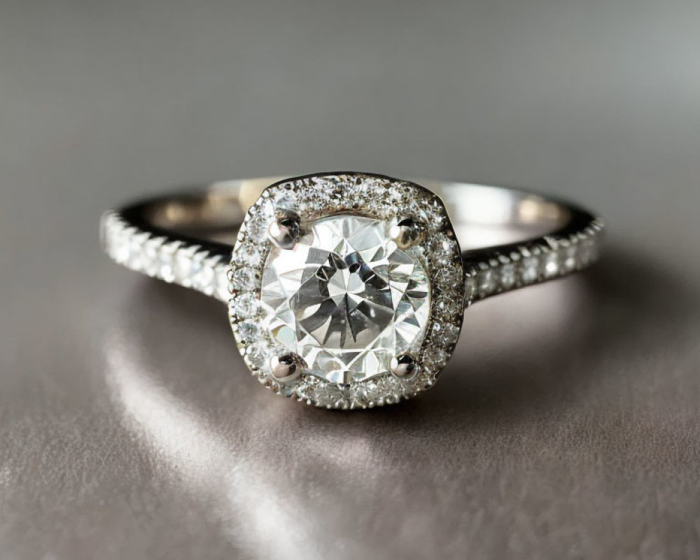 Silver diamond ring with large central stone and smaller diamonds on gray background