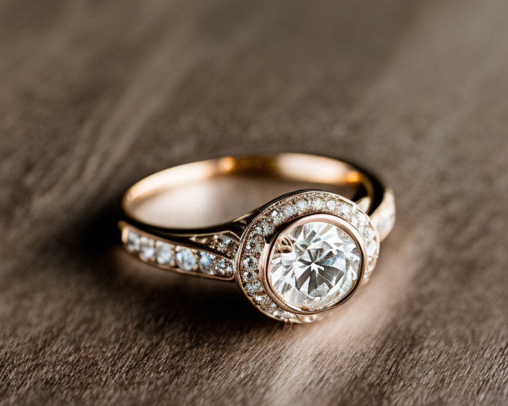 Golden ring with central diamond and smaller diamonds on textured wooden surface