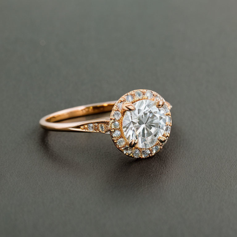 Round-Cut Diamond Engagement Ring with Halo Setting on Rose Gold Band