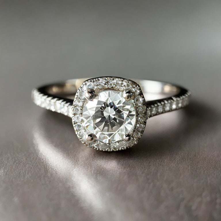 Silver diamond ring with large central stone and smaller diamonds on gray background