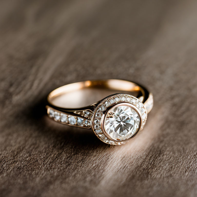 Golden ring with central diamond and smaller diamonds on textured wooden surface