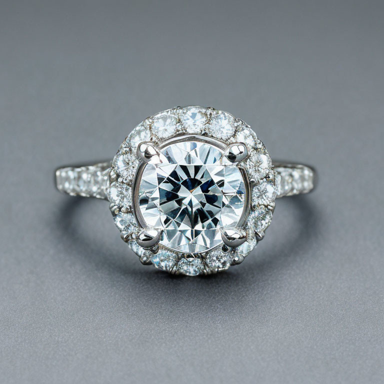 Round-Cut Diamond Ring with Halo Setting and Pavé Band on Grey Background