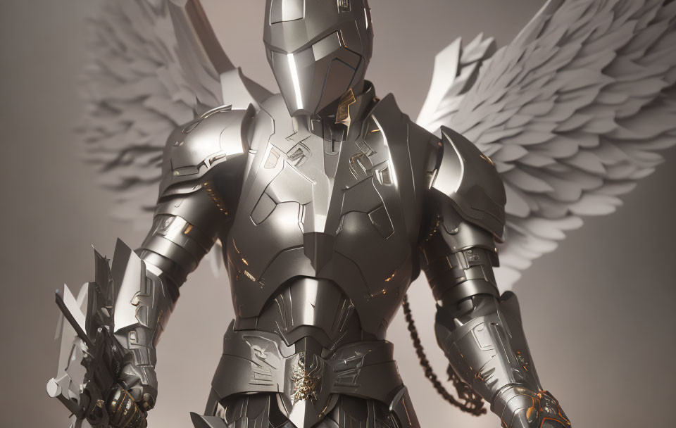 Futuristic knight with mechanical wings and gauntlet on neutral background