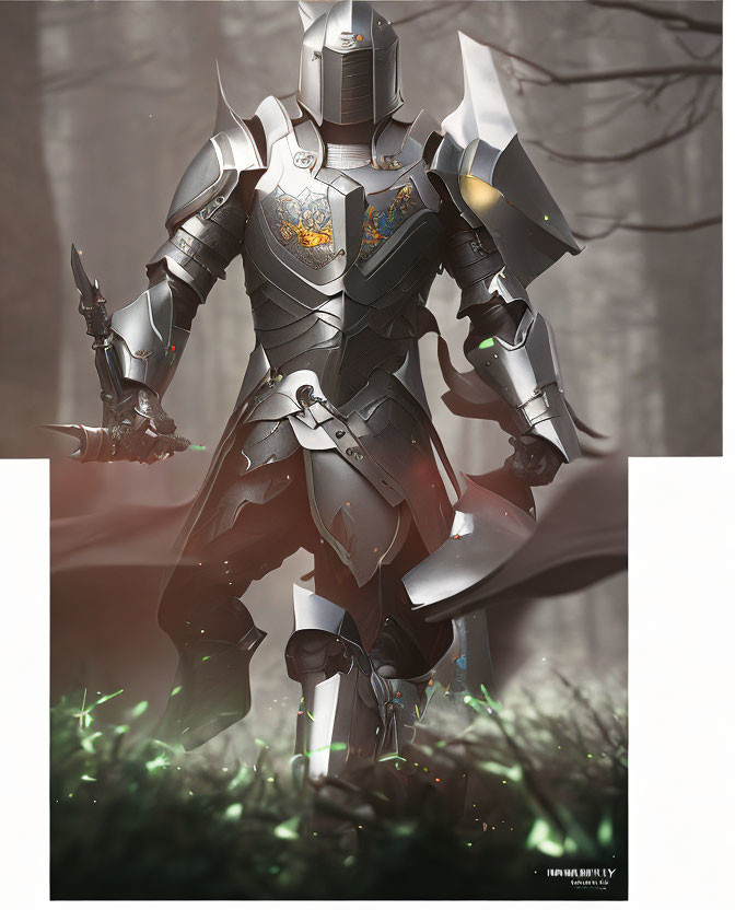 Detailed full-body knight in ornate armor, crest on chest, in misty forest with glowing green