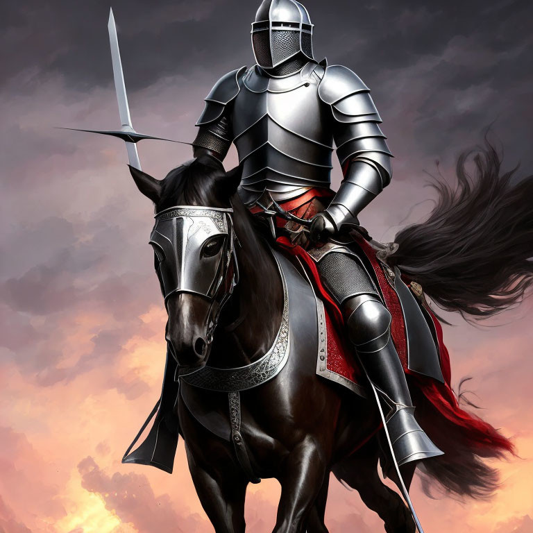 Knight in Shining Armor on Black Horse Under Dramatic Sky