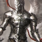 Futuristic knight with mechanical wings and gauntlet on neutral background