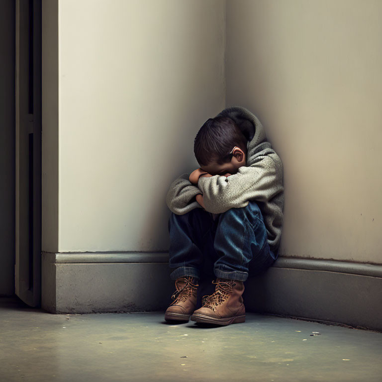 Young child sitting in corner, head on knees, exudes sadness and loneliness