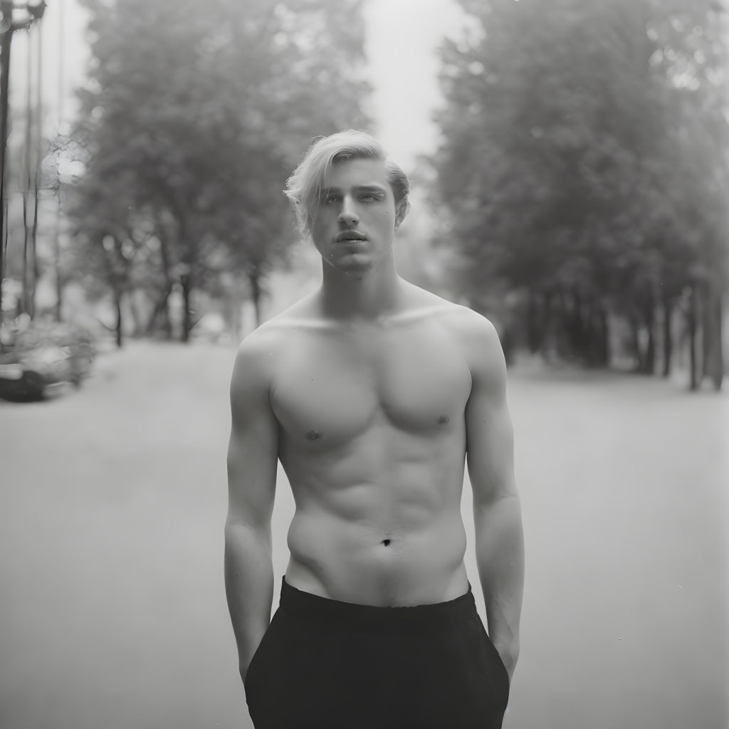 Monochrome image of shirtless young man on tree-lined path