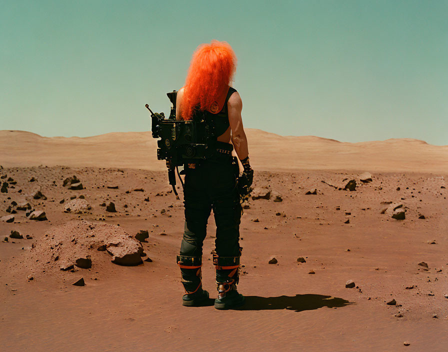 Bright Orange-Haired Person in Punk Attire in Mars-Like Desert with Film Camera