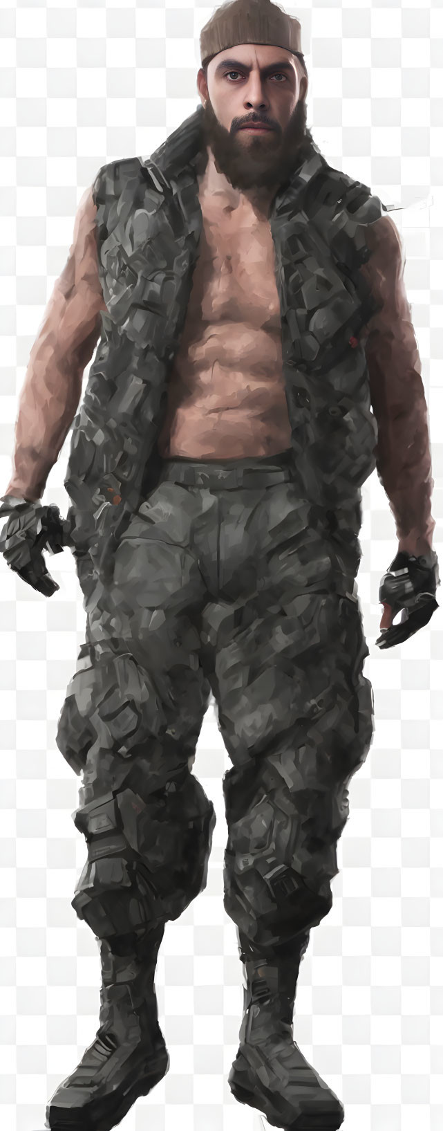 Bearded male character in tactical gear with bare chest