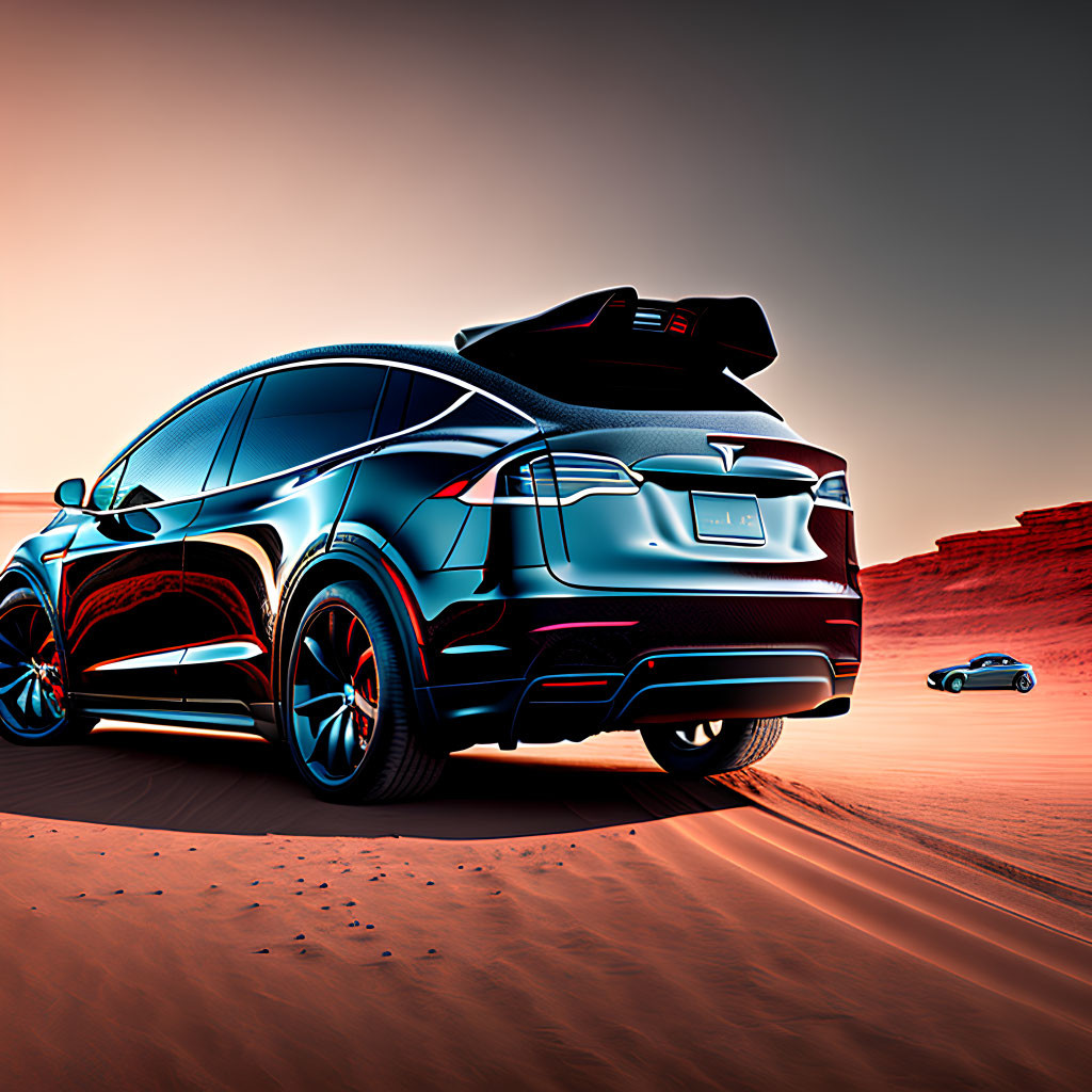 Electric SUV with open trunk in desert sunset scene.