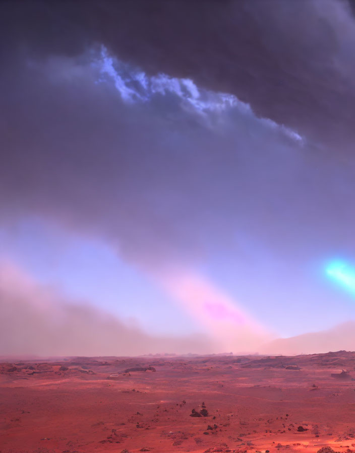 Dramatic Desert Landscape under Stormy Sky with Blue and Pink Hues