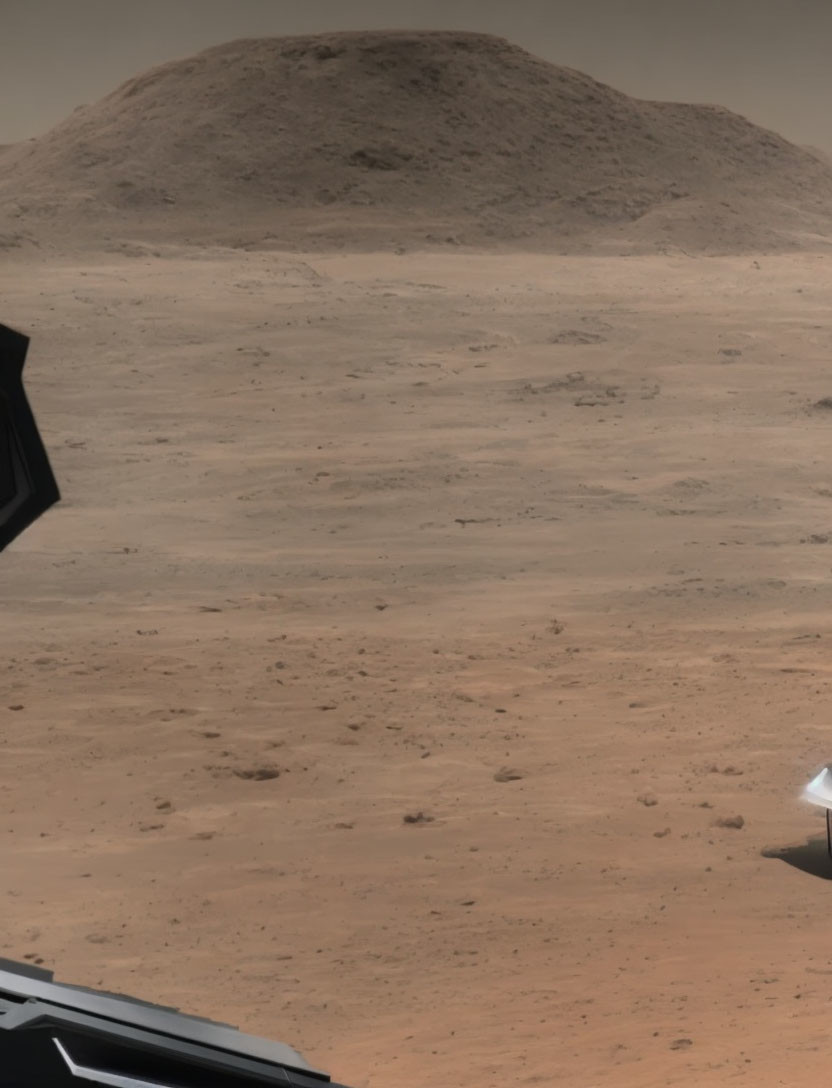 Martian rocky terrain with red surface and distant mound under hazy sky