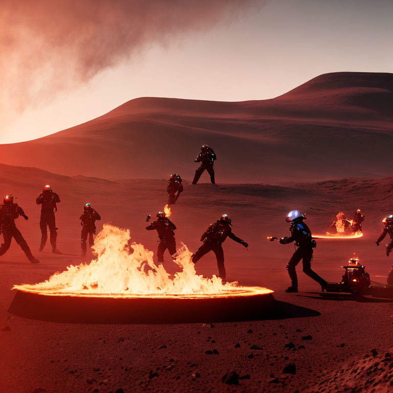 Futuristic soldiers in armor advance through fiery desert landscape