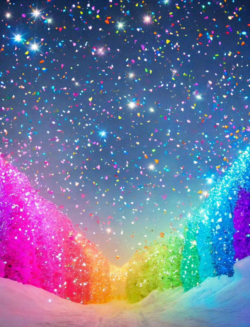 Colorful Night Sky Over Snowy Mounds with Falling Confetti