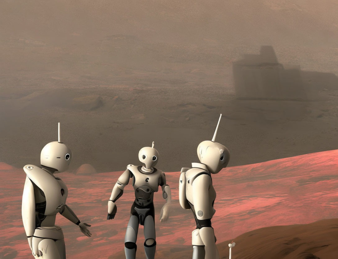 Three humanoid robots on rocky Mars-like terrain under hazy sky