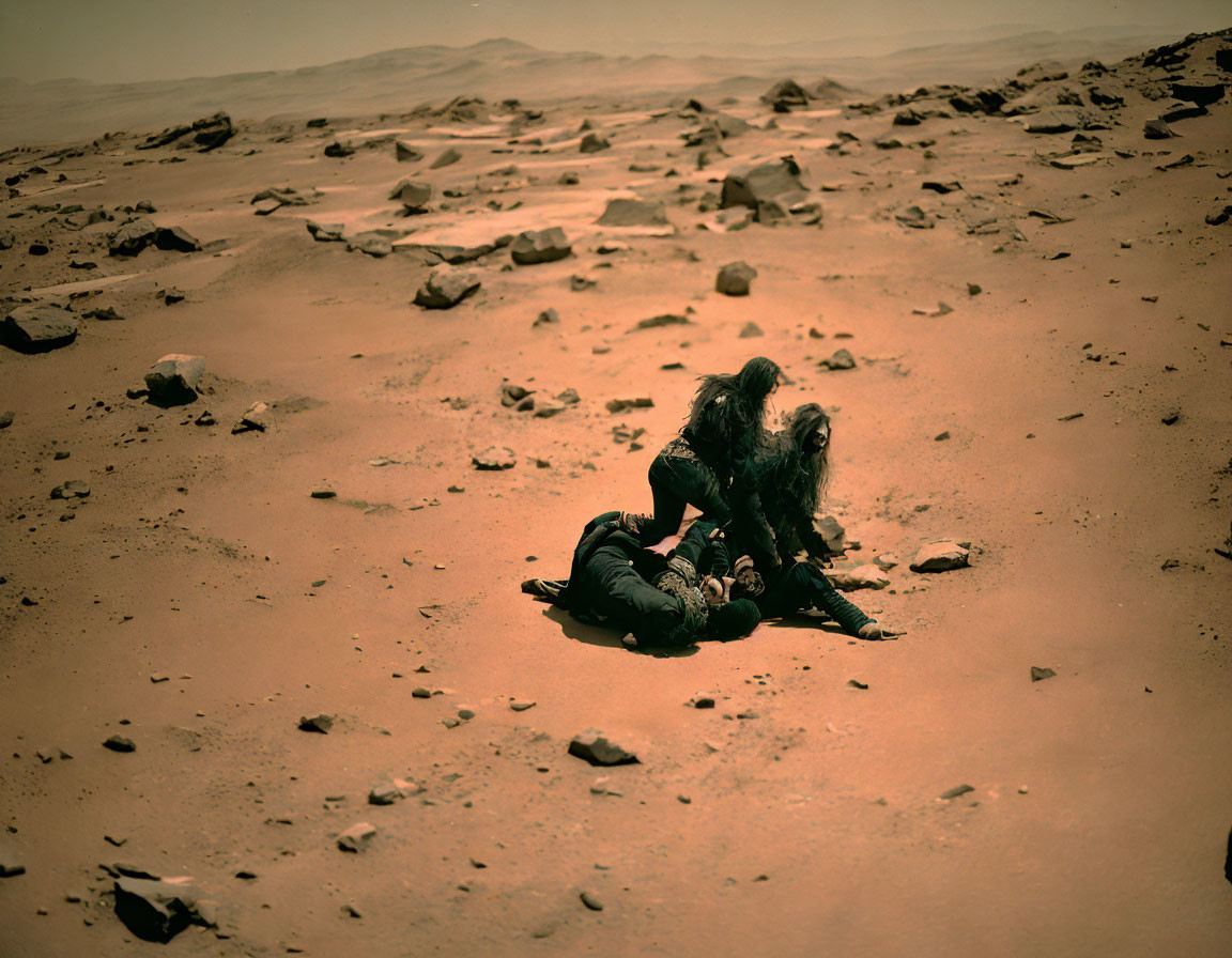 Barren Martian landscape with distressed astronaut replica