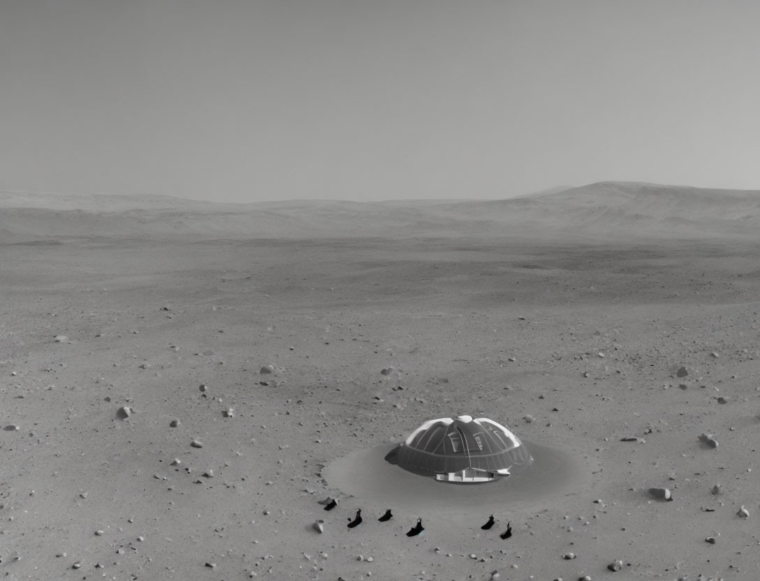 Robotic lander on rocky Martian terrain under hazy sky